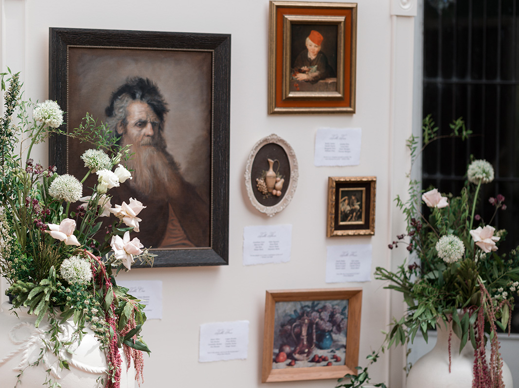 Art wall seating chart for a wedding