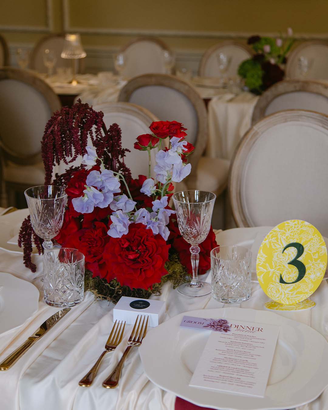 wedding table number, dinner menu, and place card