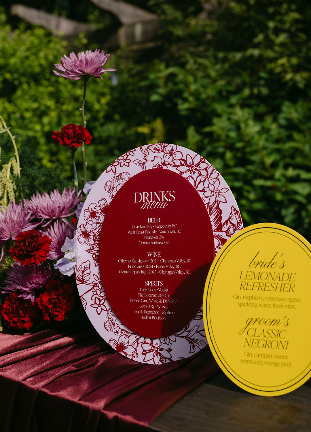 Acrylic wedding bar menu in burgundy and chartreuse
