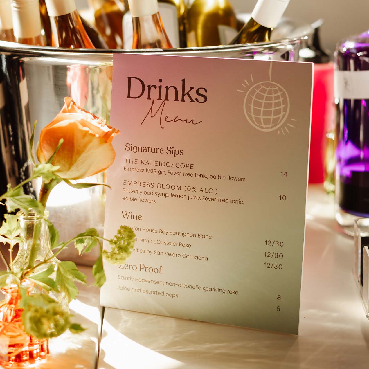 Wedding bar menu